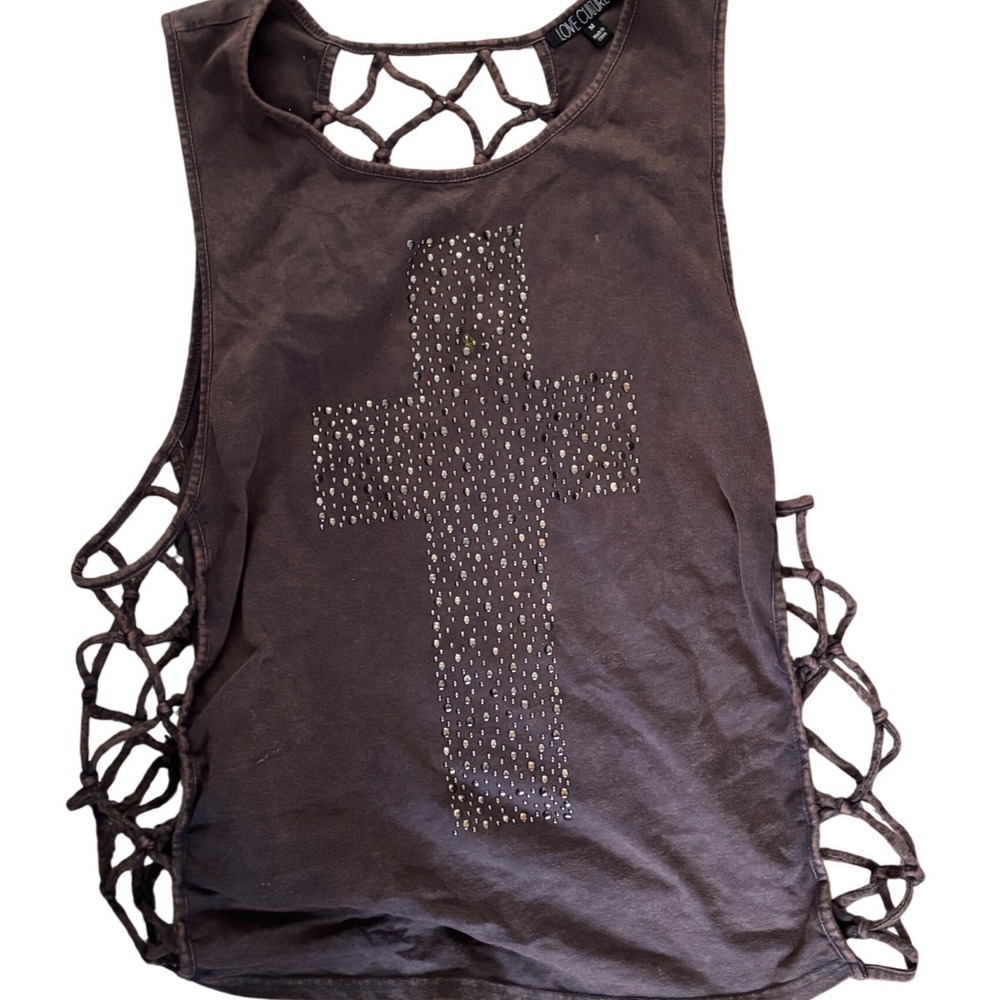 Love Culture Rhinestone Inverted Cross Cage Cutout Tank Top Charcoal Gray Medium